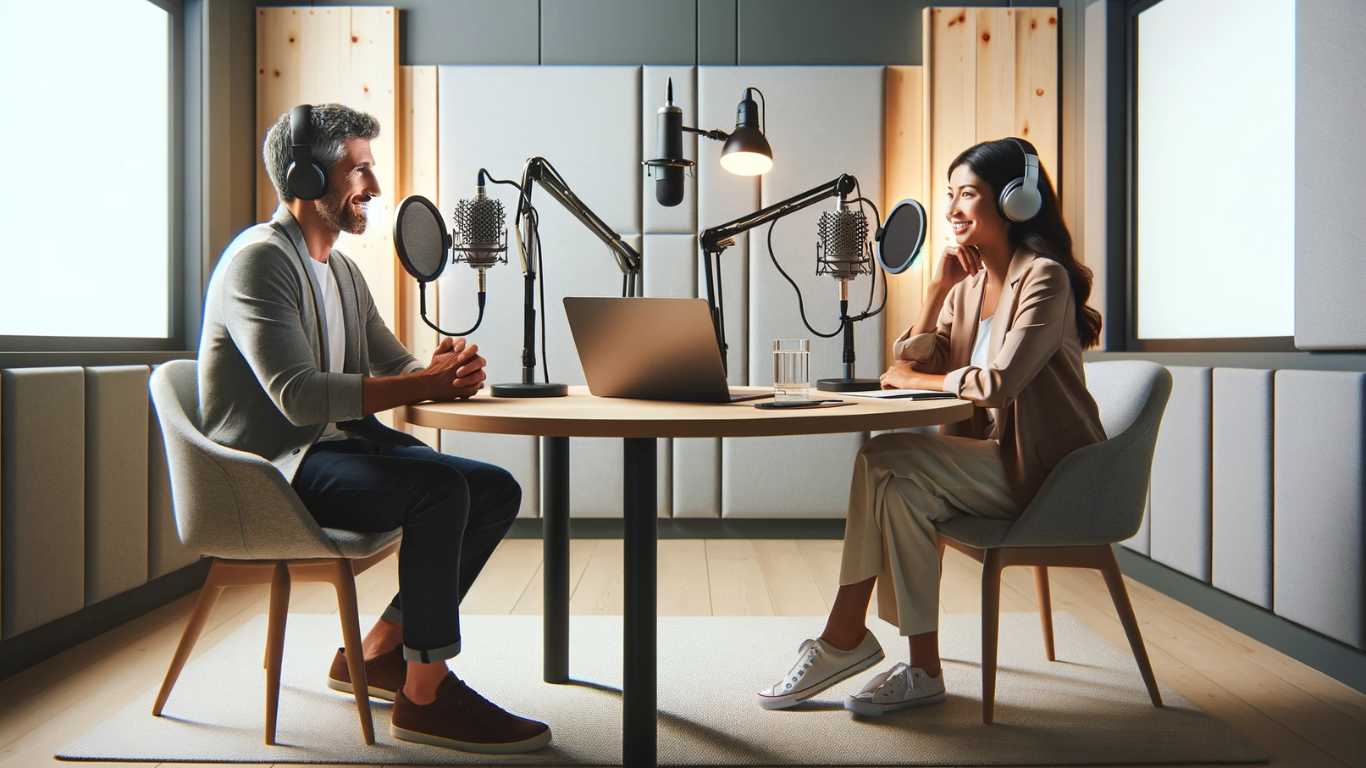 Two people sitting having a discussion in a podcast studio