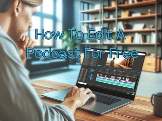 A perons editing a podcast on a laptop