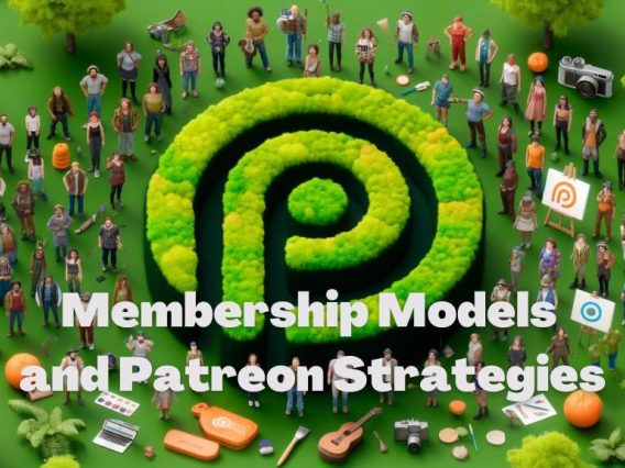A wide aspect ratio image featuring a Patreon logo made entirely of vibrant green moss. Surrounding the mossy logo is a group of diverse people