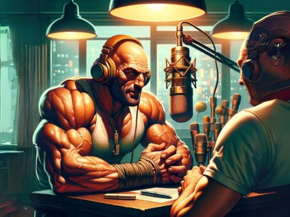 Joe Rogan sitting down interviewing someone. He is surrounded with by all his studio podcasting equipment.