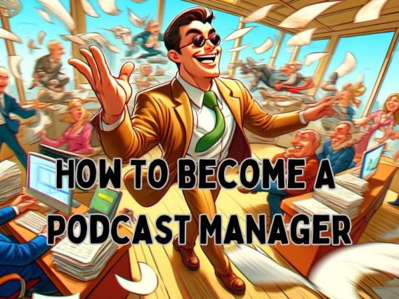 a whimsical and dynamic scene of a busy manager who is confidently in control of his office work as a podcast manager