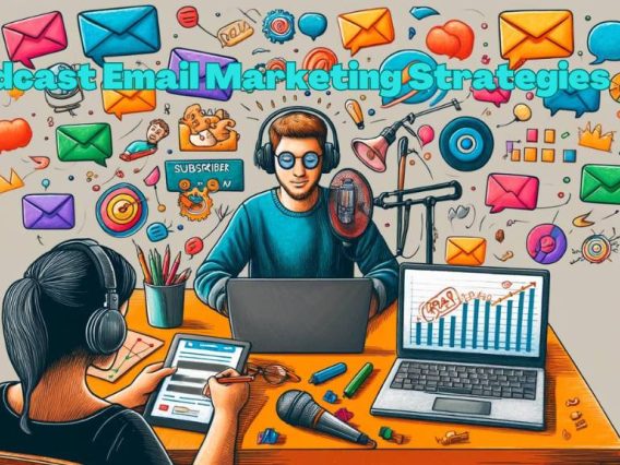 wide aspect ratio illustration in crayon style showing the concept of 'Podcast Email Marketing'. The scene features a podcaster at a colorful desk